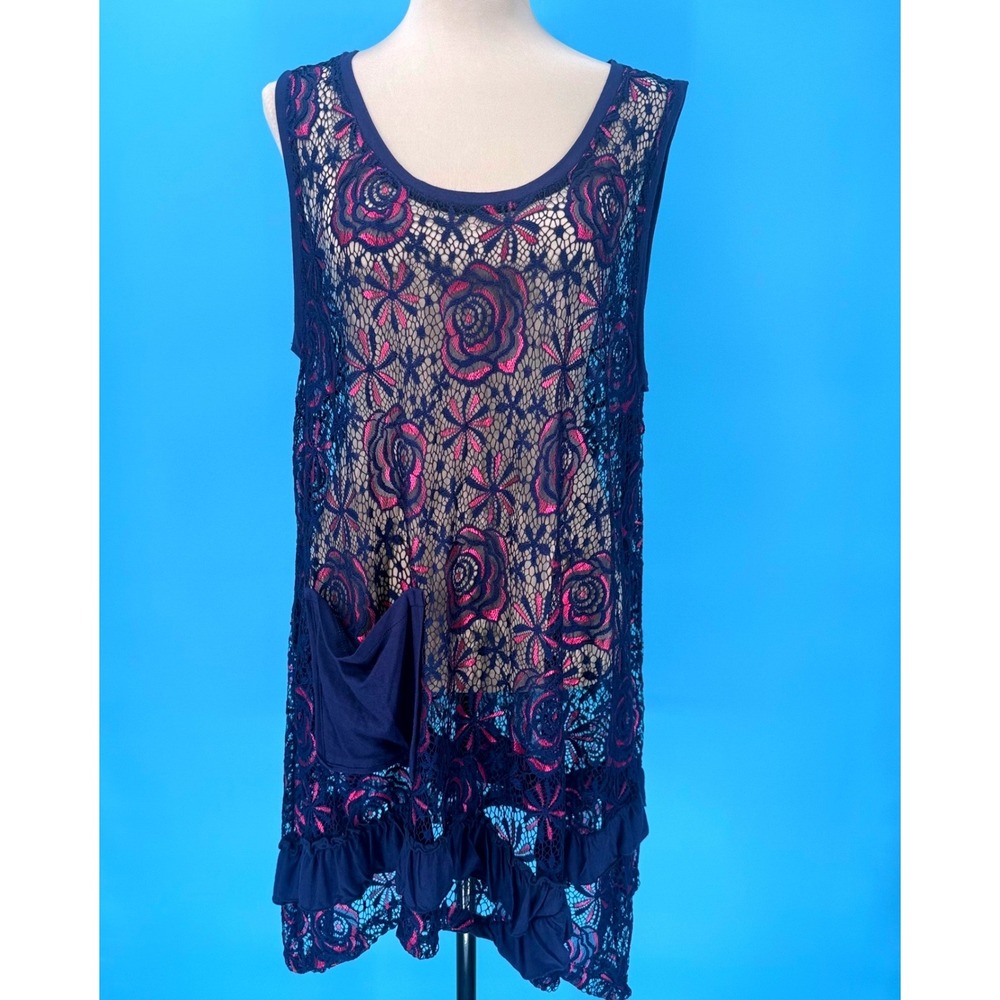 Aster Blue Navy Pink Floral Lace Tunic Tank Top Ruffle‎ Hem Plus 2X AB150896